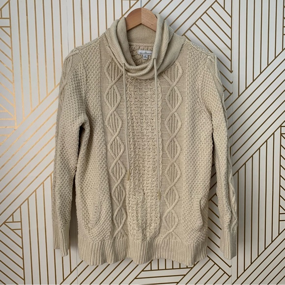 L.L. Bean Signature 100% Cotton Cable Knit Cowl Neck Fisherman pocket Sweater M - Picture 9 of 11